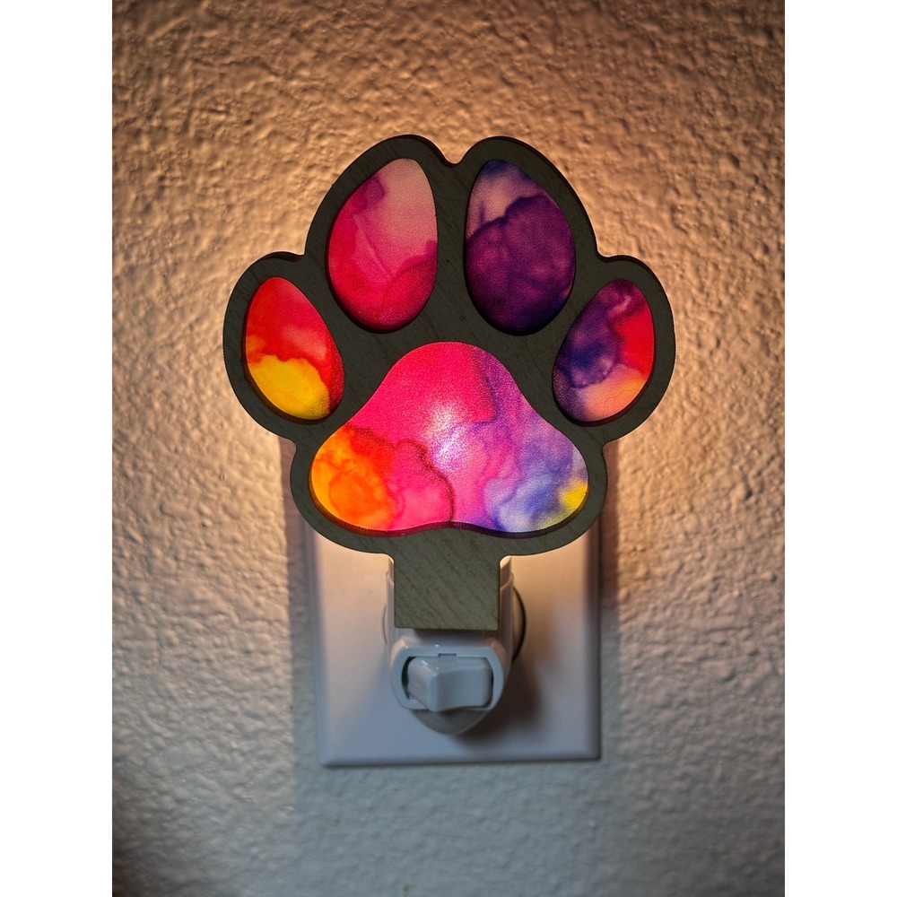 Wooden Paw Print Night Light Colorful Bright Plug In Wall Decor Handmade - Picture 3 of 10